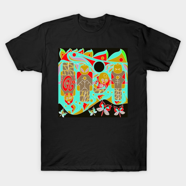 the brick scheme in totem ecopop tribal art with soccer and toys in green dark T-Shirt by jorge_lebeau